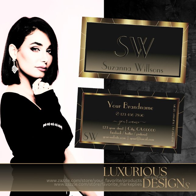 Luxe Dark Gold Frame Brown Gradient with Monogram Business Card (Creator Uploaded)