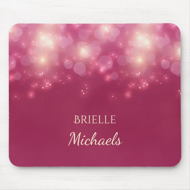 Luxe Dark Pink Glamour Bokeh Sparkles With Name Mouse Pad (Front)