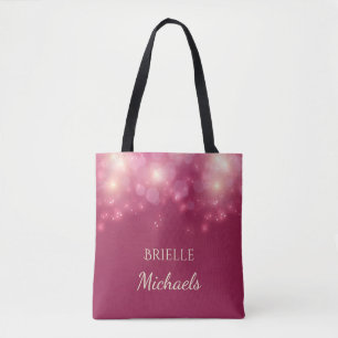 Luxe Dark Pink Glamour Bokeh Sparkles With Name Tote Bag