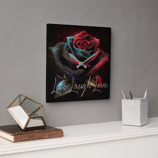 Luxe Dark Rose Art with “Live Laugh Love” Script Square Wall Clock (Office)