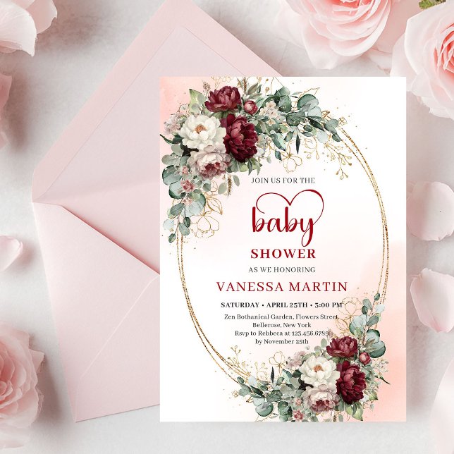Luxe Deep Red Floral Heart-Shaped Font Baby Shower Invitation (Luxe Deep Red Floral Heart-Shaped Font Baby Shower Invitation)