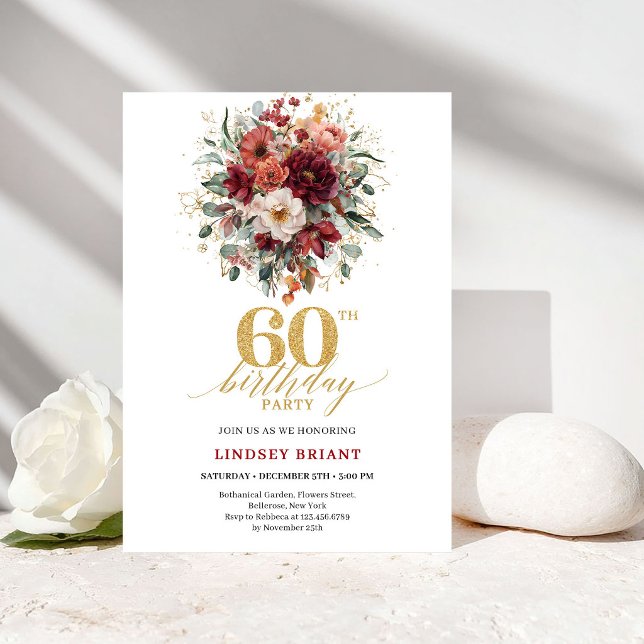 Luxe Deep Red Gold Floral 60th Birthday Invitation (Luxe Deep Red Gold Floral 60th Birthday Invitation

)