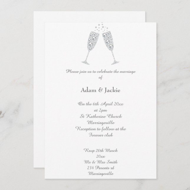 Luxe Diamond Champagne Glass White ELEGANT WEDDING Invitation (Front/Back)