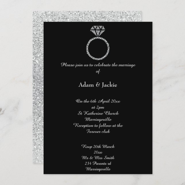 Luxe Diamond Ring Black Glitter Wedding Invitation (Front/Back)