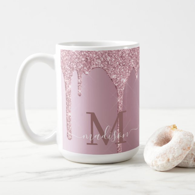 Luxe Dripping Rose Gold Glitter Monogram Coffee Mug (With Donut)