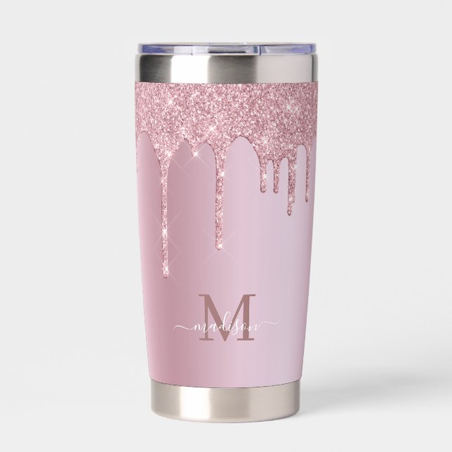 Luxe Dripping Rose Gold Glitter Monogram Insulated Tumbler (Front)