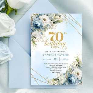 Luxe dusty blue florals gold frame 70th birthday  invitation