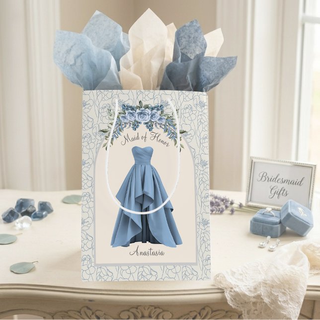 Luxe Dusty Blue Maid of Honour Personalised Medium Gift Bag (Luxe Maid of Honor proposal gift bag personalized slate blue wedding party gift packaging)