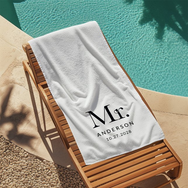 Luxe Elegance Black and White Mister Wedding Date Beach Towel (Creator Uploaded)