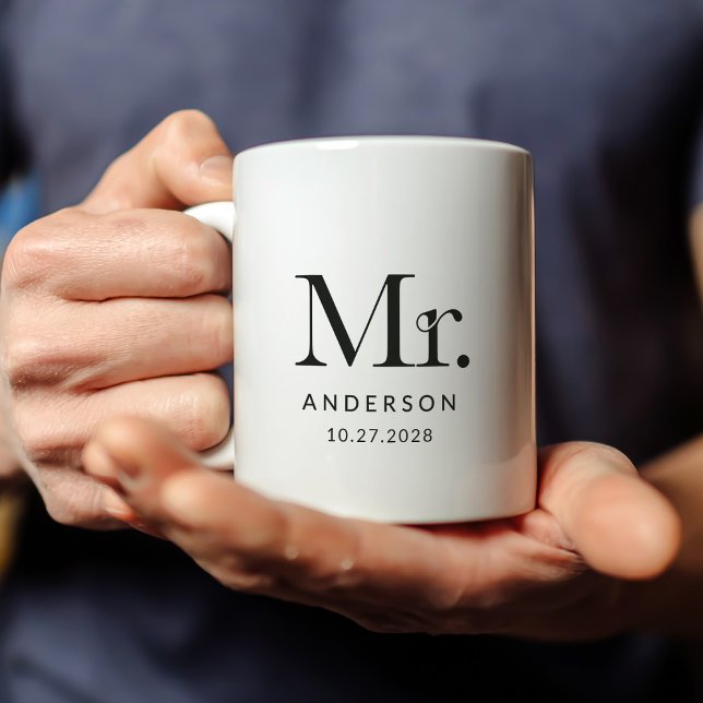 Luxe Elegance | Black and White Mr Wedding Date Coffee Mug (Creator Uploaded)