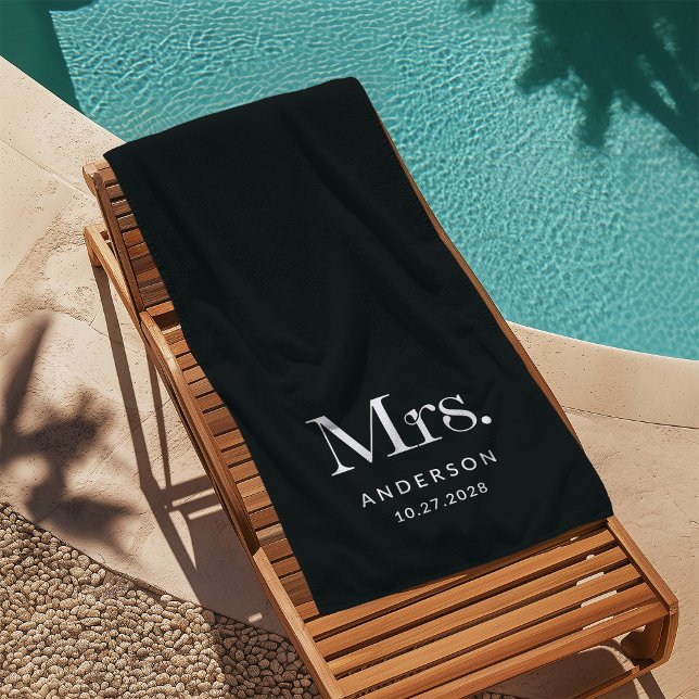 Luxe Elegance Black | Mrs and Wedding Date Beach Towel (Creator Uploaded)