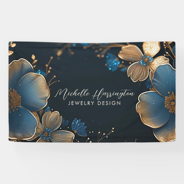 Luxe Elegance Gold and Blue Floral Jewellery Desig Banner (Horizontal)