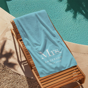 Luxe Elegance Robin Egg Blue Mrs and Wedding Date Beach Towel