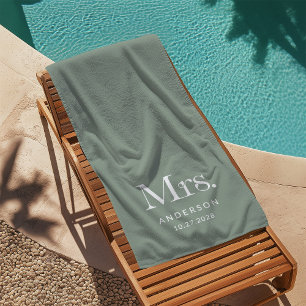 Luxe Elegance Sage Green Mrs and Wedding Date Beach Towel