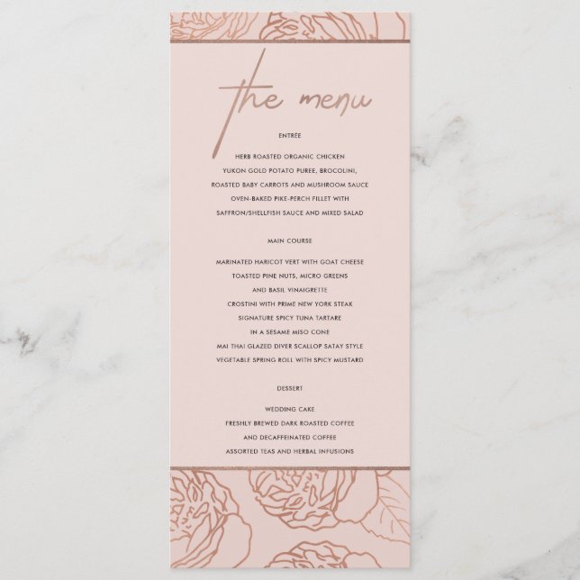 LUXE ELEGANT BLUSH PINK ROSE GOLD FLORAL  MENU (Front)