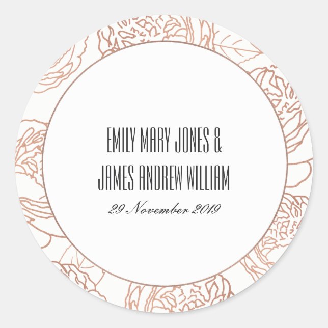 LUXE ELEGANT BLUSH PINK ROSE GOLD FLORAL WEDDING CLASSIC ROUND STICKER (Front)