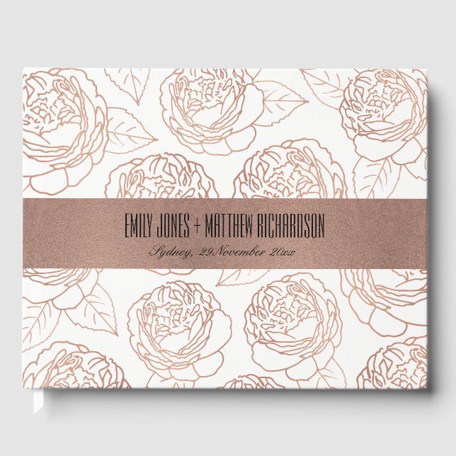 LUXE ELEGANT BLUSH PINK ROSE GOLD FLORAL WEDDING GUEST BOOK (Front)