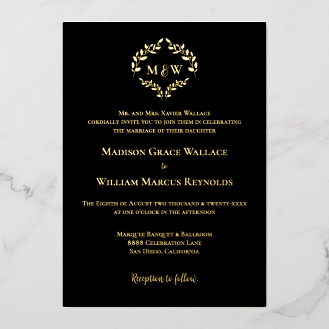 Luxe Elegant Crest Wedding Monogram Black Gold   (Front)