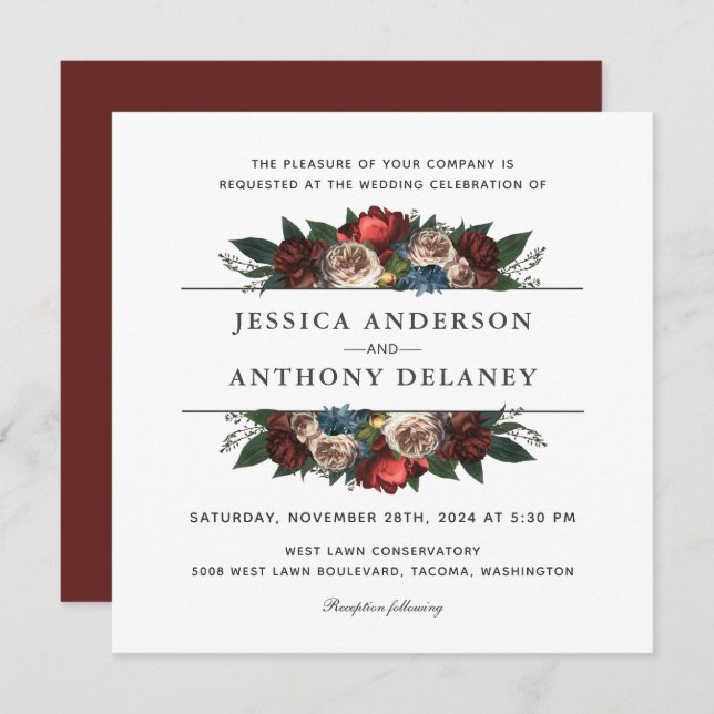 Luxe Elegant Floral Wedding Square Invitation (Front/Back)