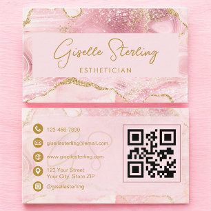 Luxe Esthetician Blush Pink Gold Agate QR Code Business Card
