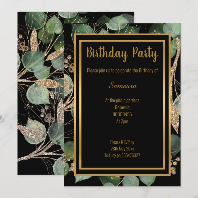 LUXE EUCALYPTUS BLACK GREEN INVITATION (Front/Back)