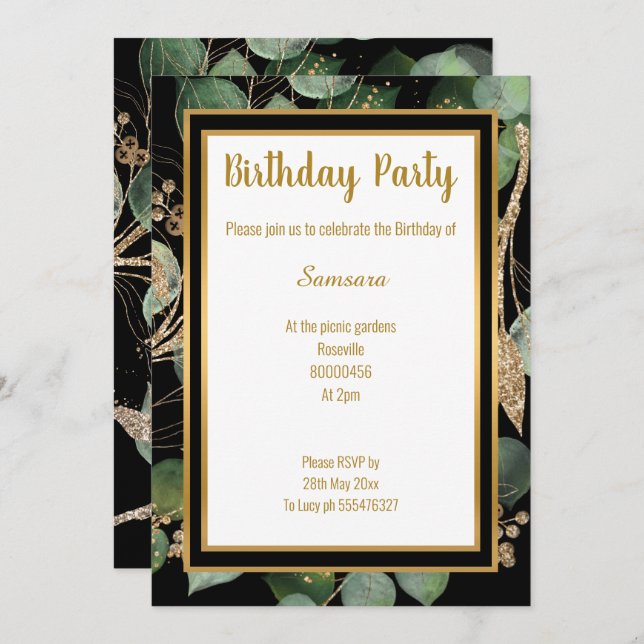 LUXE EUCALYPTUS BLACK GREEN SAGE 2 INVITATION (Front/Back)