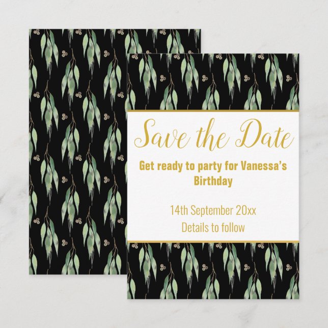 LUXE EUCALYPTUS PATTERN BLACK SAVE THE DATE RSVP  CARD (Front/Back)