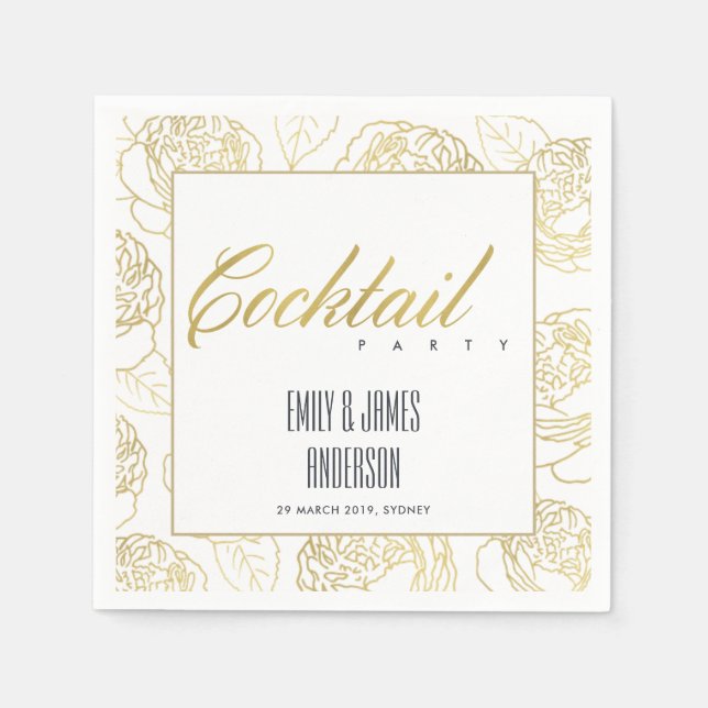 LUXE FAUX GOLD ELEGANT ROSE FLORAL COCKTAIL PARTY NAPKIN (Front)