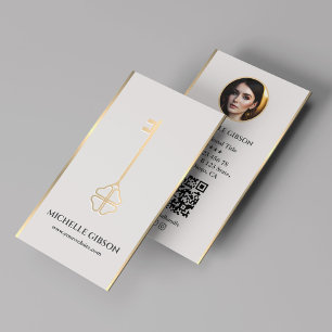 Luxe Faux Gold Key Photo Light Sand Realtor QR Business Card