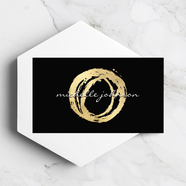 Luxe Faux Gold Painted Circle Designer Logo Black Business Card (Creator Uploaded)