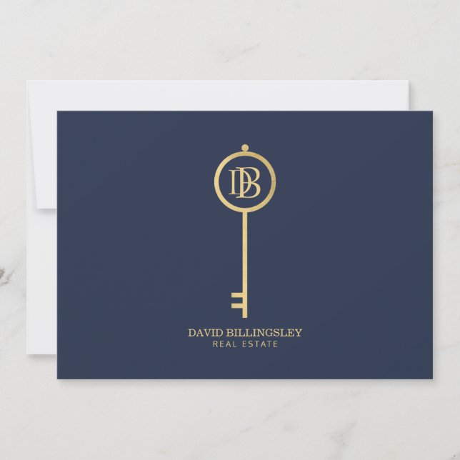 Luxe Faux Gold Skeleton Key Monogram Navy Card (Front)