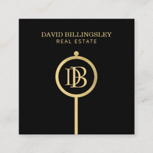 Luxe Faux Gold Skeleton Key Monogram Realtor Square Business Card