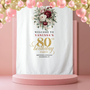 Luxe Floral Gold 80th Birthday Backdrop Tapestry