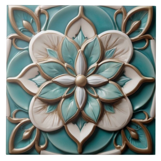 Luxe Flower Faux Relief Floral Turquoise & White Tile (Front)