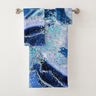 Luxe Gemstone Marble Blue Glitter Agate Bath Towel Set