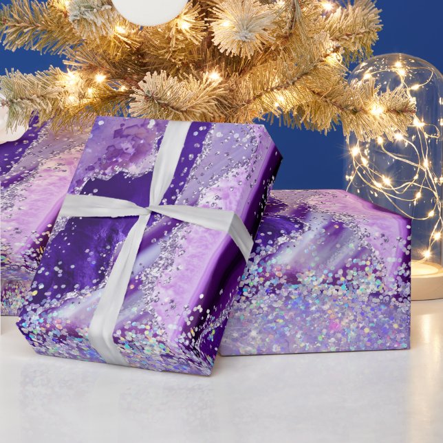 Luxe Gemstone Marble Purple Glitter Agate Wrapping Paper (Holidays)