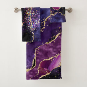 Luxe Gemstone Purple Gold Glitter Agate Bath Towel Set