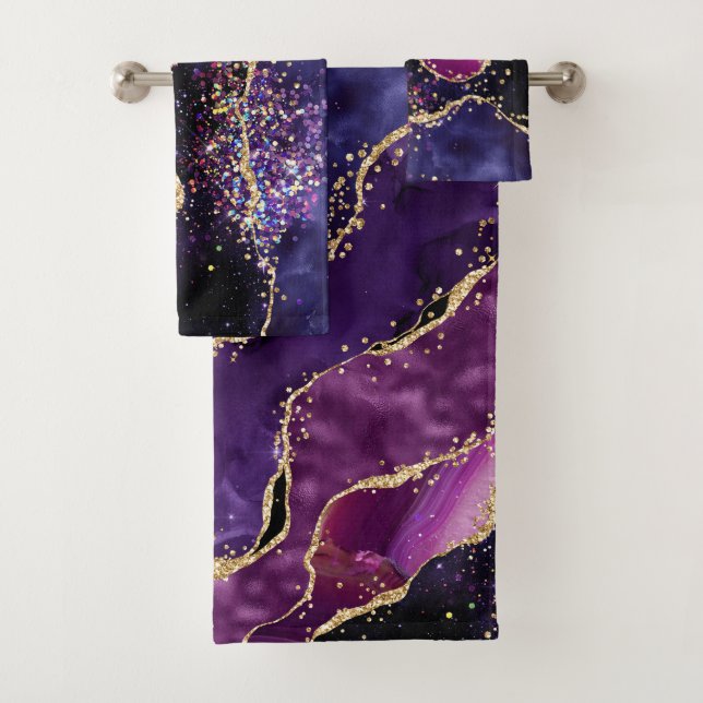 Luxe Gemstone Purple Gold Glitter Agate Bath Towel Set (Insitu)