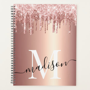 Luxe Girly Rose Gold Foil Glitter Drip Monogram Planner