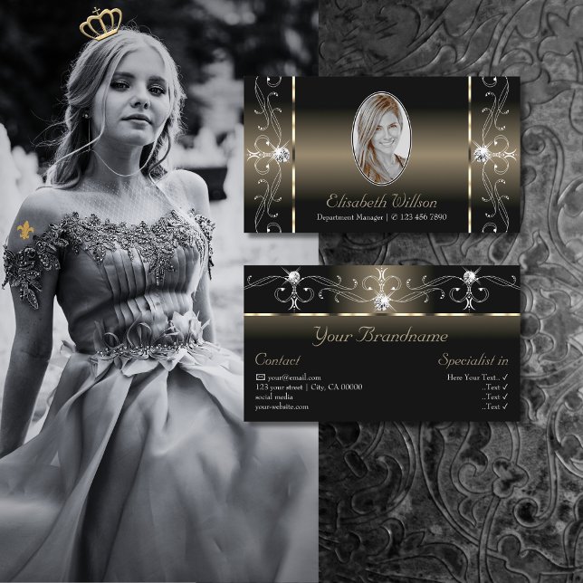 Luxe Glam Black Beige Squiggled Jewels with Photo Business Card (Creator Uploaded)