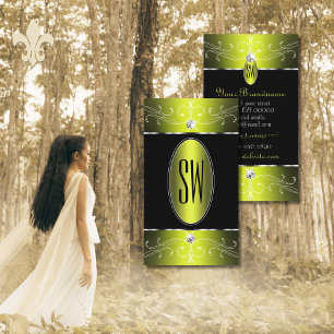 Luxe Glam Black Yellow Ornate Ornaments Initials Business Card