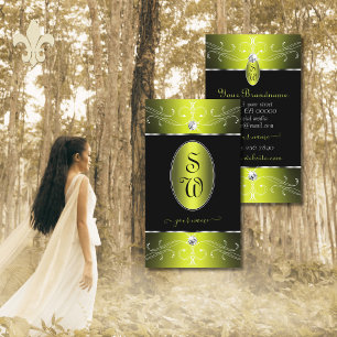 Luxe Glam Black Yellow Ornate Ornaments Monogram Business Card