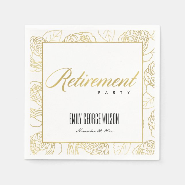 LUXE GLAM FAUX GOLD WHITE  ROSE FLORAL RETIREMENT NAPKIN (Front)