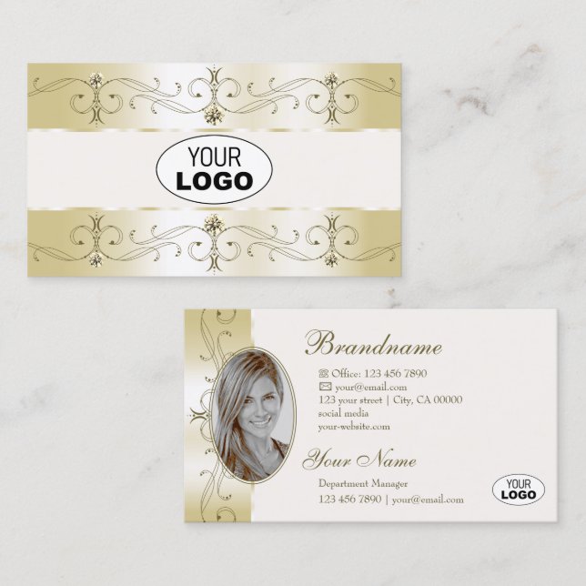 Luxe Glam Gold Cream Ornate Borders Logo and Photo Business Card (Front/Back)