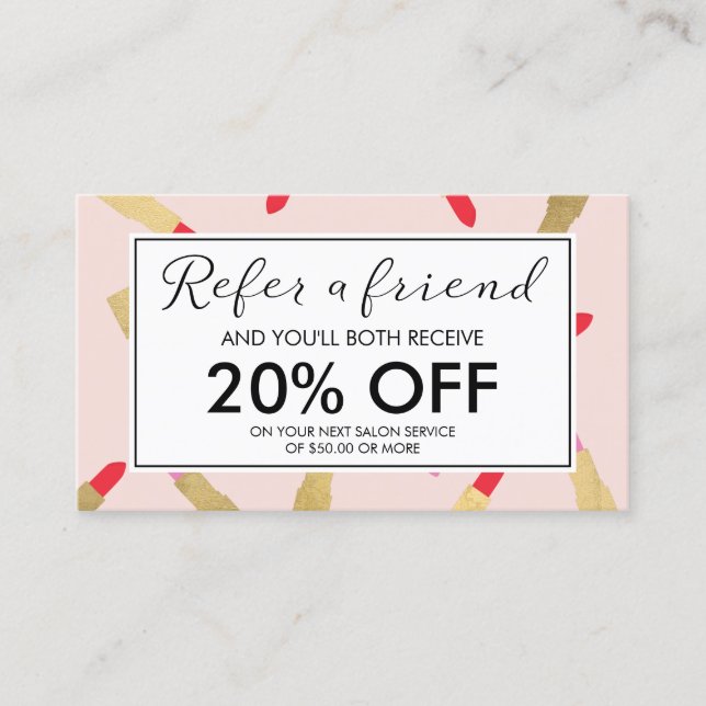 Luxe Glam Lipstick Pattern on Pink Referral Card (Front)