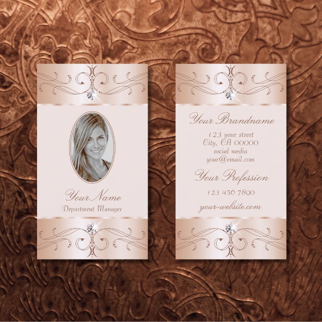 Luxe Glam Rose Gold Ornate Ornaments Add Foto Chic Business Card (Creator Uploaded)