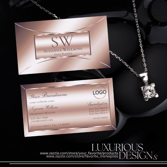 Luxe Glam Rose Golden Chic with Monogram and Logo Business Card (Creator Uploaded)