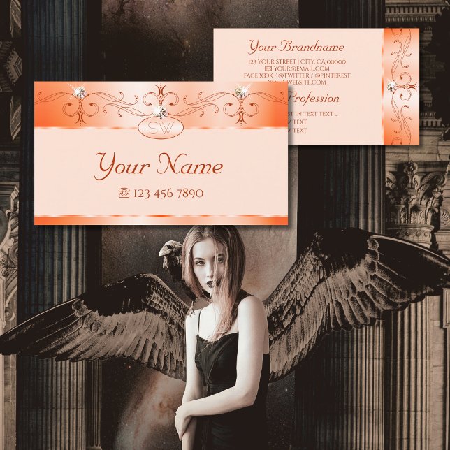 Luxe Glam Salmon Ornate Sparkling Jewels Initials Business Card (Creator Uploaded)