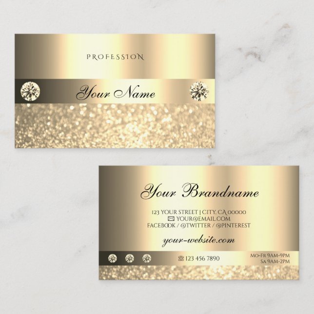 Luxe Glam Shimmery Glitter Diamonds Luminous Gold Business Card (Front/Back)