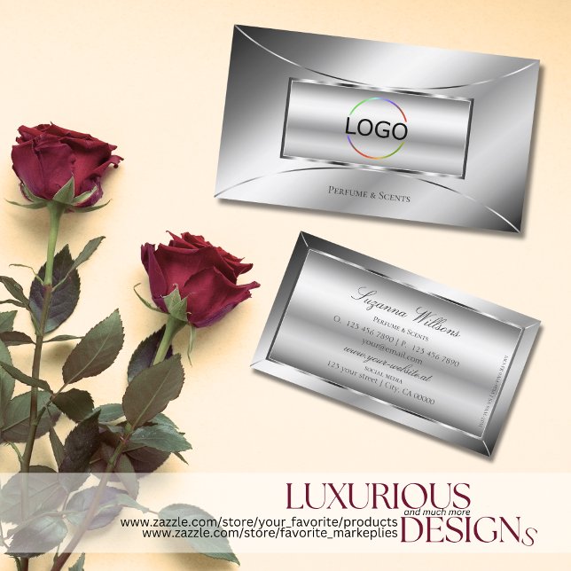 Luxe Glam Silver Glamour Decor Stylish with Logo  Business Card (Creator Uploaded)